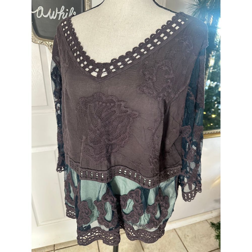 Ultra Pink Brown Lace Embroidered Top Sheer Mesh Detail‎ XL